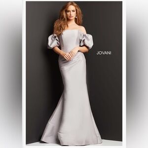Jovani Taupe Off the Shoulder Straight Neck Gown - 08361